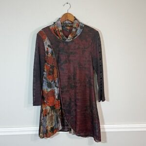 Shana Cowl Neck Tunic Top Womans Sz‎ L Mixed Media Patchwork Artsy Boho Hippie